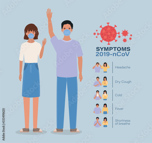 Avatar woman and man with 2019 ncov virus symptoms vector design