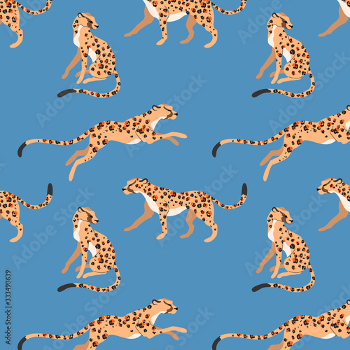 Leopard pattern seamless. Wild animals on a blue background. Modern fashionable pattern. Leopard pattern design for web, card, textile, wallpapers and wrapping paper.