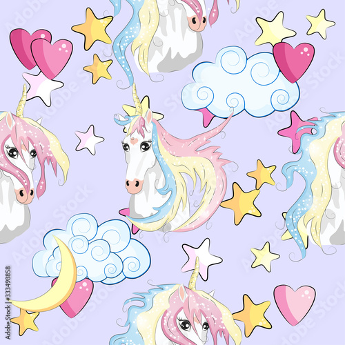 pattern with cute unicorns, clouds,rainbow and stars. Magic background with little unicorns.