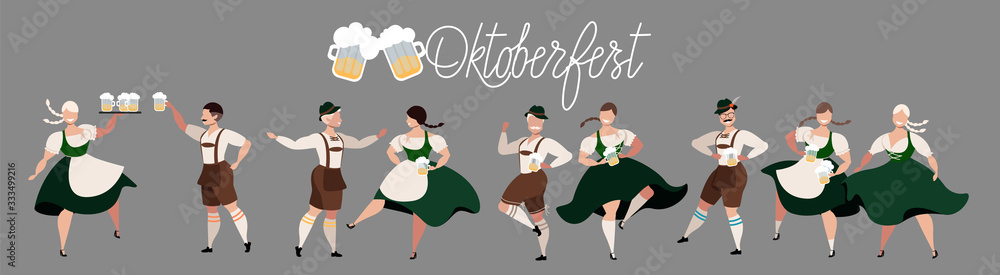 Fototapeta premium Oktoberfest beer festival. People drinking beer, dancing, celebrating. German Traditional holiday. Set of people characters. Octoberfest concept. National German men and women costumes. Modern vector.