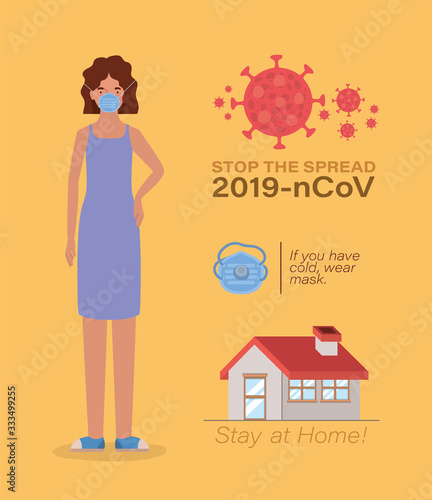 Avatar woman with mask and stop of spread 2019 ncov virus vector design