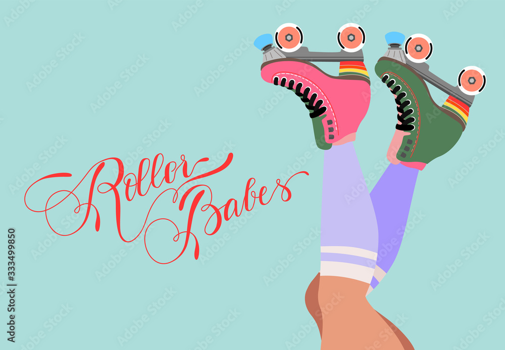 Roller skates. Old school aqua poster. Woman legs, creative white sign, and  skater blades. Purple long socks. Trendy hand-drawn vector illustration for  web and print. Vintage card design. Calligraphy. Stock Vector