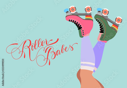 Roller skates. Old school aqua poster. Woman legs, creative white sign, and skater blades. Purple long socks. Trendy hand-drawn vector illustration for web and print. Vintage card design. Calligraphy.
