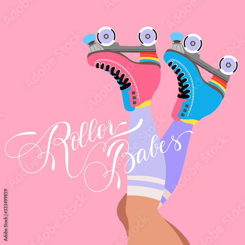 Roller skates. Old school pink poster. Woman legs, creative white sign, and skater blades. Purple long socks. Trendy hand-drawn vector illustration for web and print. Vintage card design. Calligraphy.