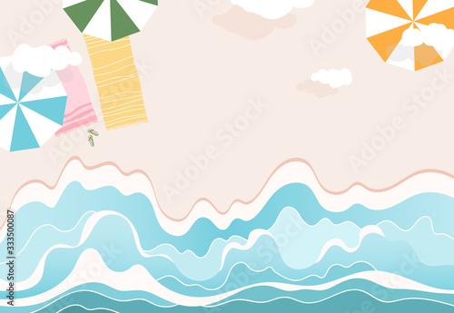 Seaside top down view. Waves beating the seashore, colorful umbrellas and beach towels. Clouds in the sky. Soft light sand. Modern vector illustration for web and print. Vacation and travel concept.