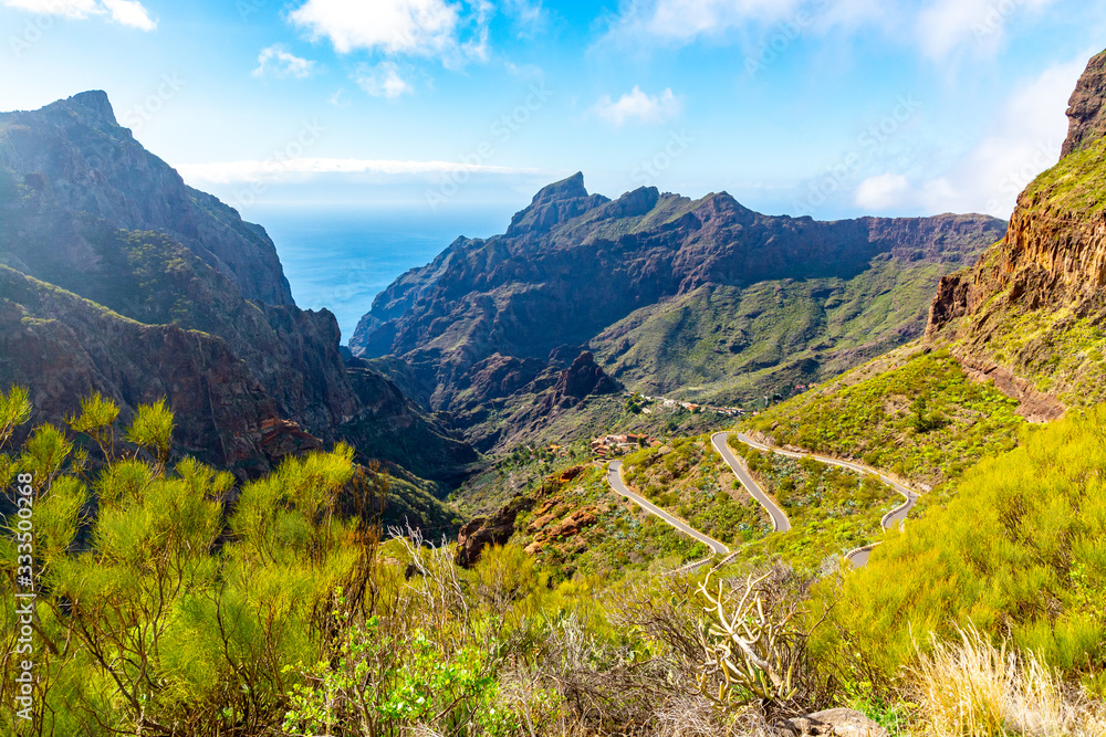 Difficult accessible hidden in mountains and ravines small scenery village Masca, Tenerife, Canary islands, Spain