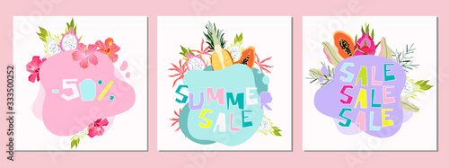 Summer sale fruity design set. Tropical hand drawn web, shop banner elements. 50% discount, sale, summer sale icons. Hot summer sale deal. Special offer illustrations.