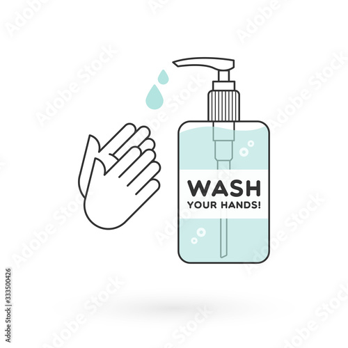 Hand sanitizer bottle isolated and hands rubbing. Washing alcohol gel used against viruses, bacteria, flu, coronavirus. Waterless hand cleaner. Handwashing. Black outline. Vector flat design
