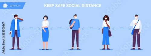 Social Distancing. People keep a distance for infection and disease, wearing a surgical protective medical mask to prevent virus Covid-19. Health care concept. Vector illustration.