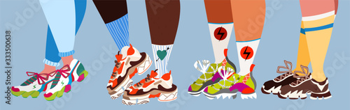 Sneakers and legs. Sport shoes and trendy socks. Set of people legs and different trainers. Modern vector illustration for web banner design. Vibrant pink design. Modern society, fashion.