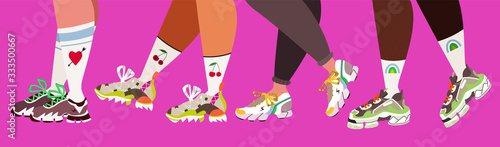 Sneakers and legs. Sport shoes and trendy socks. Set of people legs and different trainers. Modern vector illustration for web banner design. Vibrant pink design. Modern society, fashion.