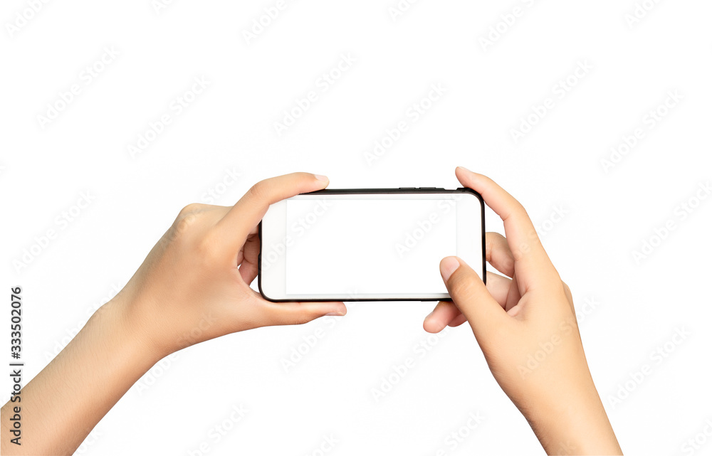 Women's hand holding a smartphone with a blank screen, isolated on a white background Modern smartphone Women's hand holding a smartphone with a blank screen, isolated on a white background Modern smartphone