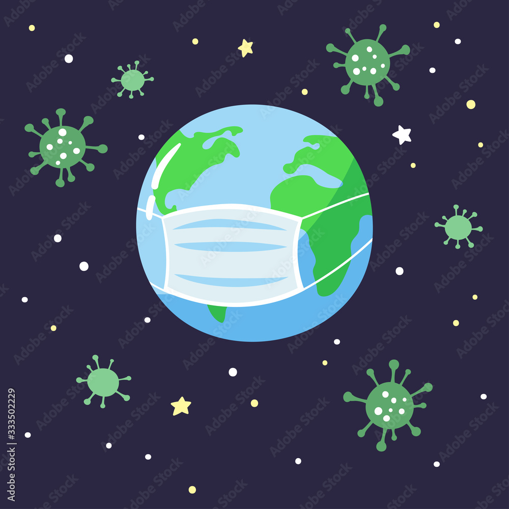 Coronavirus attacks the Earth in medical mask. Pandemic 2020. Vector illustration. Coronavirus attacks the Earth in medical mask. Pandemic 2020. Vector illustration.