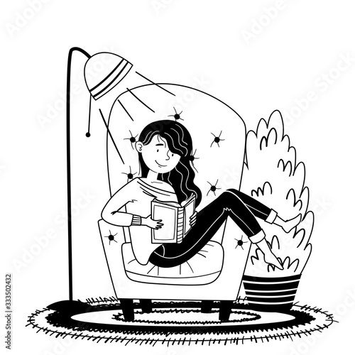 Let's stay home. A girl reads a book on an armchair near a home flower, a light lamp and a carpet. Isolated vector illustration.