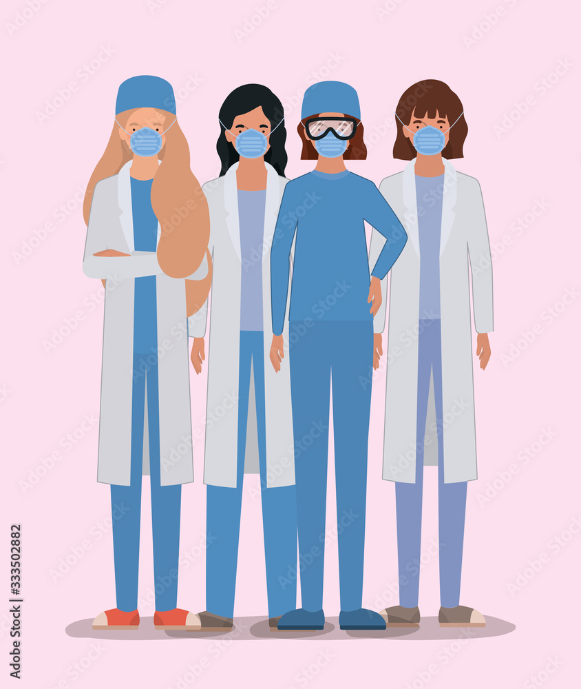 Women doctors with uniforms masks and glasses vector design Women doctors with uniforms masks and glasses vector design