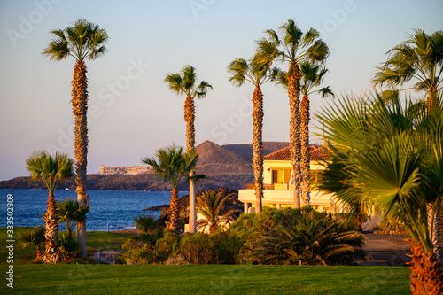 View on evergreen grass field on large golf course and blue Atlantic ocean on Tenerife island, Canary, Spain