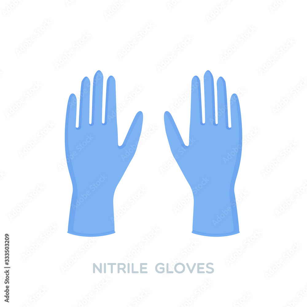 Blue nitrile medical gloves. Personal protective equipment. Prevention against viruses, bacteria, flu, coronavirus. Concept of hygiene, protection. Vector illustration, flat design Blue nitrile medical gloves. Personal protective equipment. Prevention against viruses, bacteria, flu, coronavirus. Concept of hygiene, protection. Vector illustration, flat design
