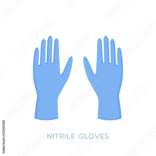 Blue nitrile medical gloves. Personal protective equipment. Prevention against viruses, bacteria, flu, coronavirus. Concept of hygiene, protection. Vector illustration, flat design