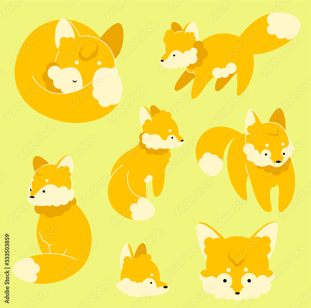 Fototapeta A set of cute cartoon foxes. Isolated vector illustration.