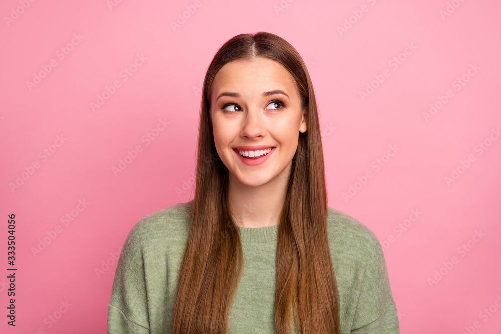 Portrait of lovely pretty sweet girl feel interested look copyspace dream dreamy about fall fun weekend holiday wear modern jumper isolated over pastel color background Portrait of lovely pretty sweet girl feel interested look copyspace dream dreamy about fall fun weekend holiday wear modern jumper isolated over pastel color background