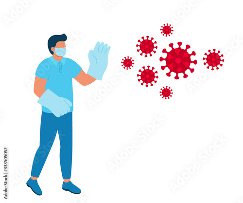 Man against virus attack, wearing mask and gloves. Infection protection. Vector illustration