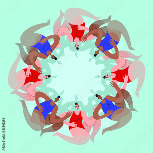 Group of female athletes. Synchronized swimming and water aerobics. Vector illustration. Hand drawn. T- shirt print design. Athlete in sportive outfit.
