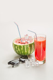 Watermelon juice with a straw , summer concept, romantic couple entertaining event at home