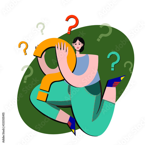 Woman think. Questions. Thinking girl concept. Think about problems, finance, life, relationships etc. Girl solves a problem. Mom doubts. Cartoon thinking woman with question marks. Vector flat illust