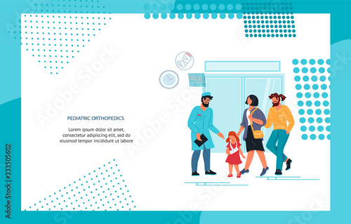Web banner on landing page template for pediatric orthopedic healthcare services or clinic with people characters. Professional medical help to children in case of injury. Flat vector illustration.