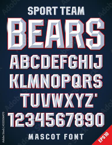 Classic style Sport Team font, metallic beveled alphabet and numbers. Upper case. Vector illustration.