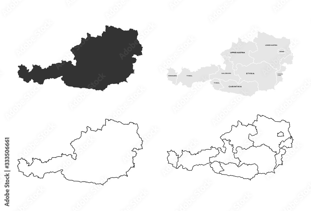 Naklejka premium Austria Map Vector - Blank map of Austria With Administrative Divisions Name and Border Boundaries in Black Silhouette and Outline Editable Vector Illustration