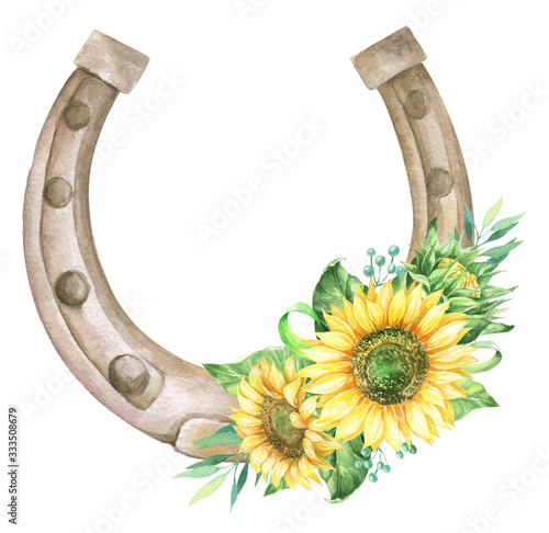 Photo Watercolor illustration of a horseshoe with sunflowers