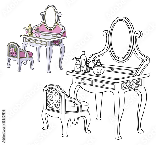 Baroque dressing table and small chair outlined and color for coloring book