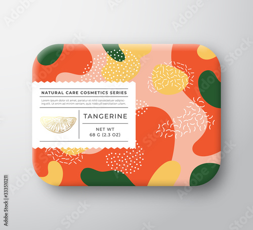Tangerine Bath Cosmetics Package Box. Vector Wrapped Paper Container with Care Label Cover. Packaging Design. Modern Typography and Hand Drawn Citrus. Abstract Camo Background Pattern Layout.