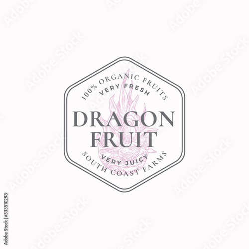 Dragon Fruit Frame Badge or Logo Template. Hand Drawn Exotic Dragonfruit Sketch with Retro Typography and Borders. Vintage Premium Emblem.