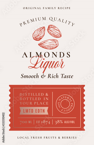 Family Recipe Almonds Liquor Acohol Label. Abstract Vector Packaging Design Layout. Modern Typography Banner with Hand Drawn Nuts Silhouette Logo and Background.