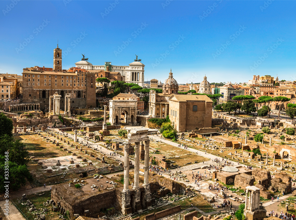Panorama of the ancient buildings of the Roman forum, top view. Rome, Italy