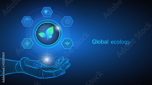 Vector illustration of artificial intelligence holding icons and elements in defense of global ecology in hand. Science, futuristic, web, network concept, communications, high technology. EPS 10