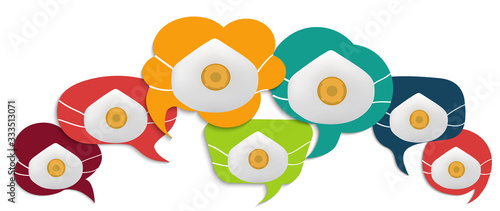Colored speech bubble with medical mask. Communication concept. Social network. Colored cloud. Speak - discussion - chat. Coronavirus. Communicate. Friendship and dialogue diverse cultures
