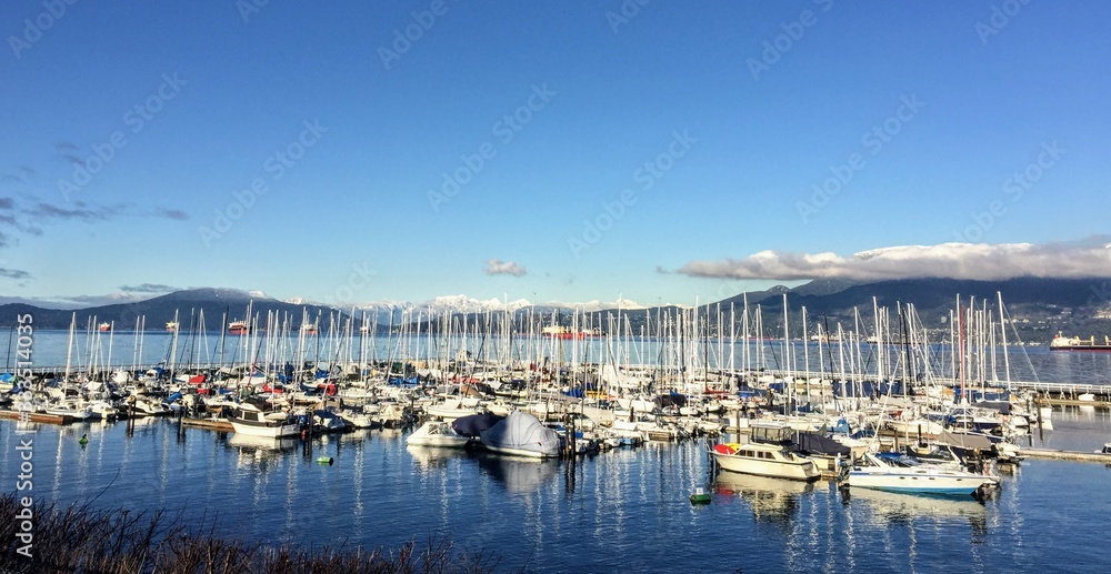 A beautiful sunny winter day overlooking a marina packed with sailboats along one of many beaches in Vancouver, British Columbia, Canada