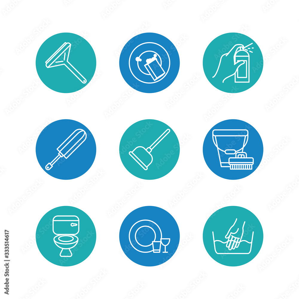 toilet and cleaning elements icon set, block style