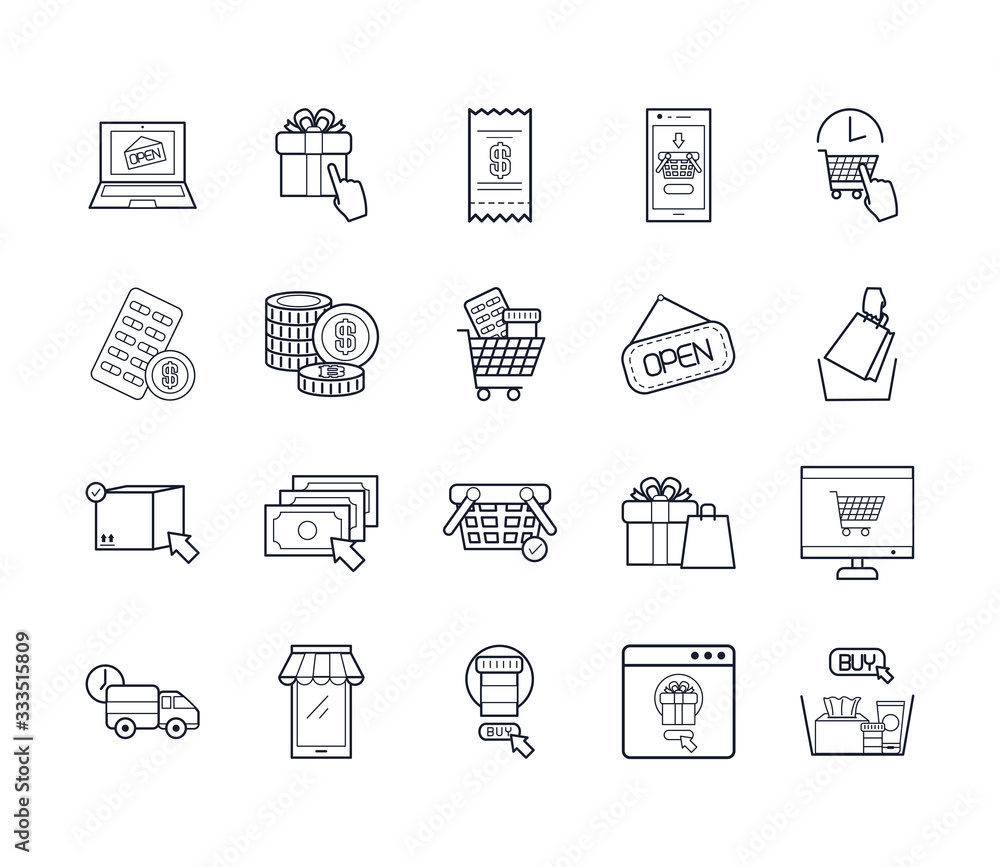 gift box and shopping online icon set, line style