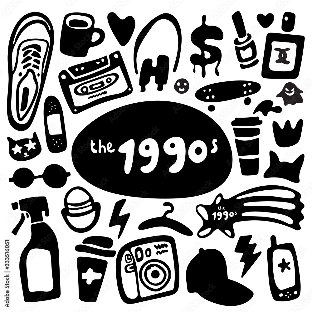 Black and white funny set of cartoon stickers and icons in