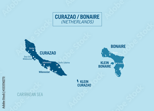 Curazao Curaçao Bonaire Island political map. Willemstad. Vector illustration with isolated provinces, departments and cities. photo