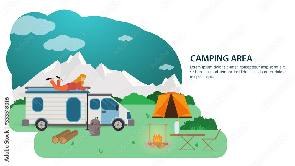 Banner for the design of a summer camping a tourist car a house on wheels stands near a fire against the background of mountains a girl lies on the roof vector flat illustration Banner for the design of a summer camping a tourist car a house on wheels stands near a fire against the background of mountains a girl lies on the roof vector flat illustration