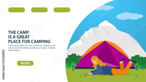 Page for the design of a website or mobile app summer camping theme a girl lies in front of a tourist tent vector flat illustration