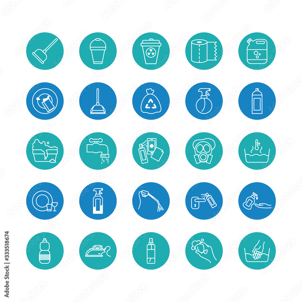 buckets and cleaning elements icon set, block style buckets and cleaning elements icon set, block style