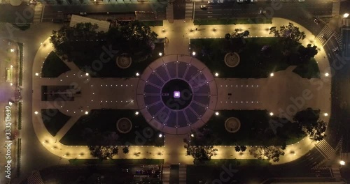 Aerial Drone Scene at night of May Square and Casa Rosada. Landscape of the pyramid and pink house, historic building. Buenos Aires, Argentina.