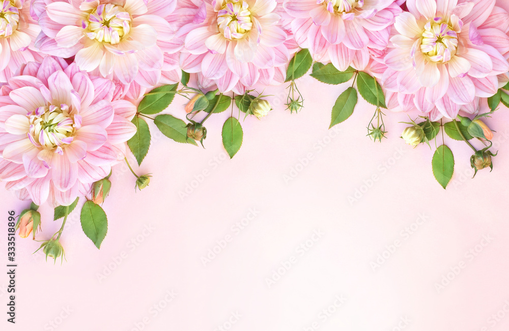 Soft pink delicate blossoming dahlias, summer blooming flowers festive background, pastel bouquet floral card, toned Soft pink delicate blossoming dahlias, summer blooming flowers festive background, pastel bouquet floral card, toned