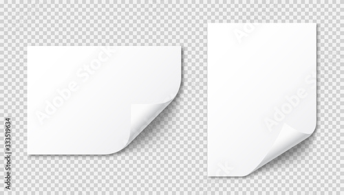 Realistic curled blank paper sheet with shadow in A4 format . Notebook or book page. Design template or mockup. Vector illustration.